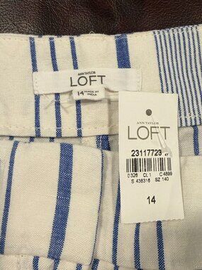 NWT LOFT The Riviera Short blue & white  stripe linen blend shorts, size 14